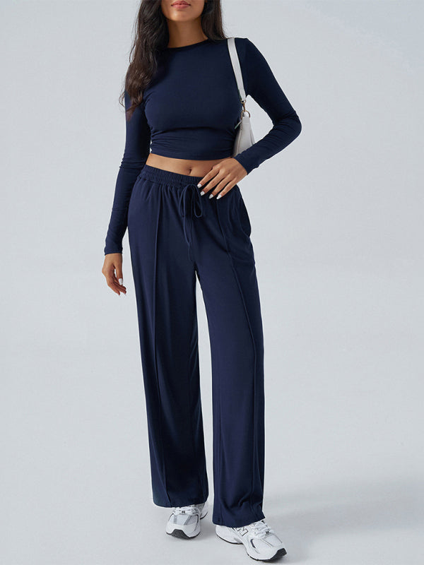 Women's Crew Neck Long Sleeve Top & Wide Leg Pants Set Navy Blue