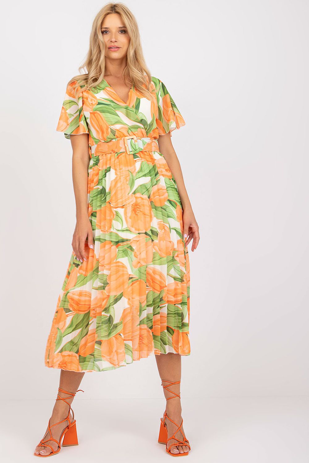 Italy Moda Summer Frilled Daydress Envelope Neckline Pleated Bottom orange one-size-fits-all