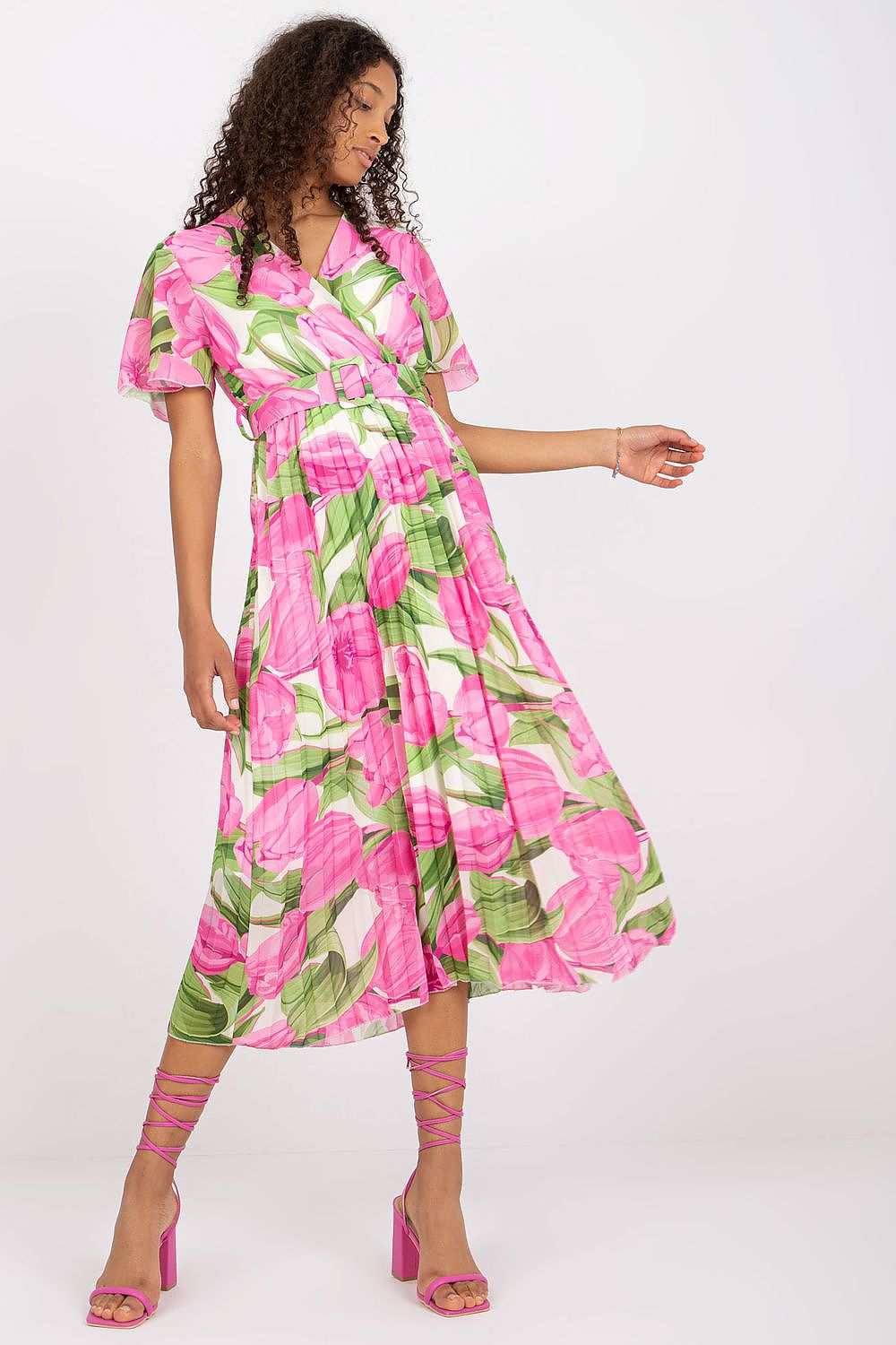 Italy Moda Summer Frilled Daydress Envelope Neckline Pleated Bottom pink one-size-fits-all