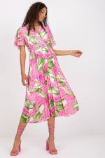 Italy Moda Summer Frilled Daydress Envelope Neckline Pleated Bottom pink one-size-fits-all