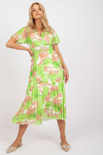 Italy Moda Summer Frilled Daydress Envelope Neckline Pleated Bottom green one-size-fits-all