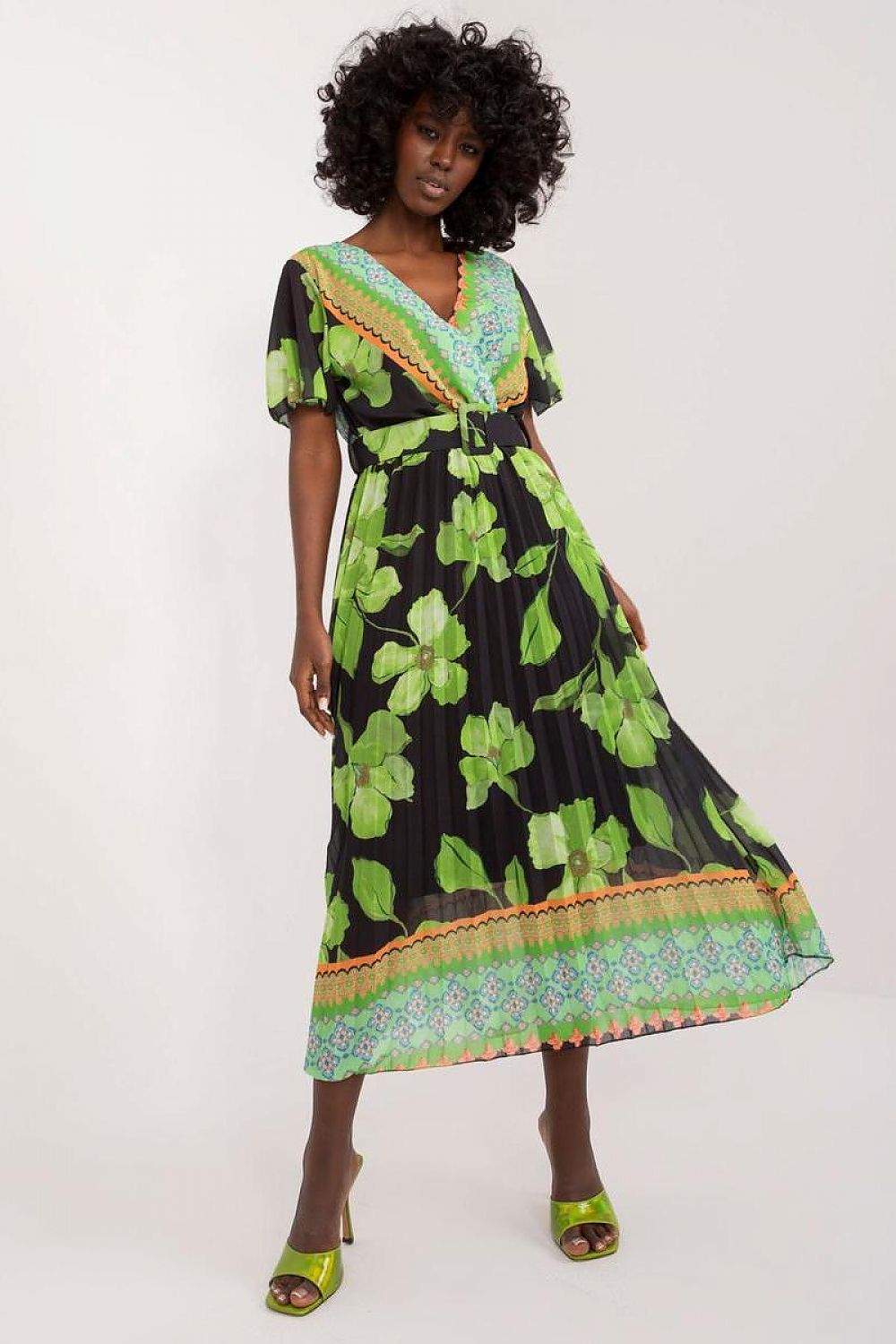 Italy Moda Summer Frilled Daydress Envelope Neckline Pleated Bottom black one-size-fits-all