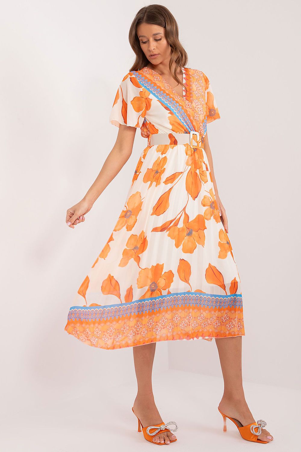 Italy Moda Summer Frilled Daydress Envelope Neckline Pleated Bottom