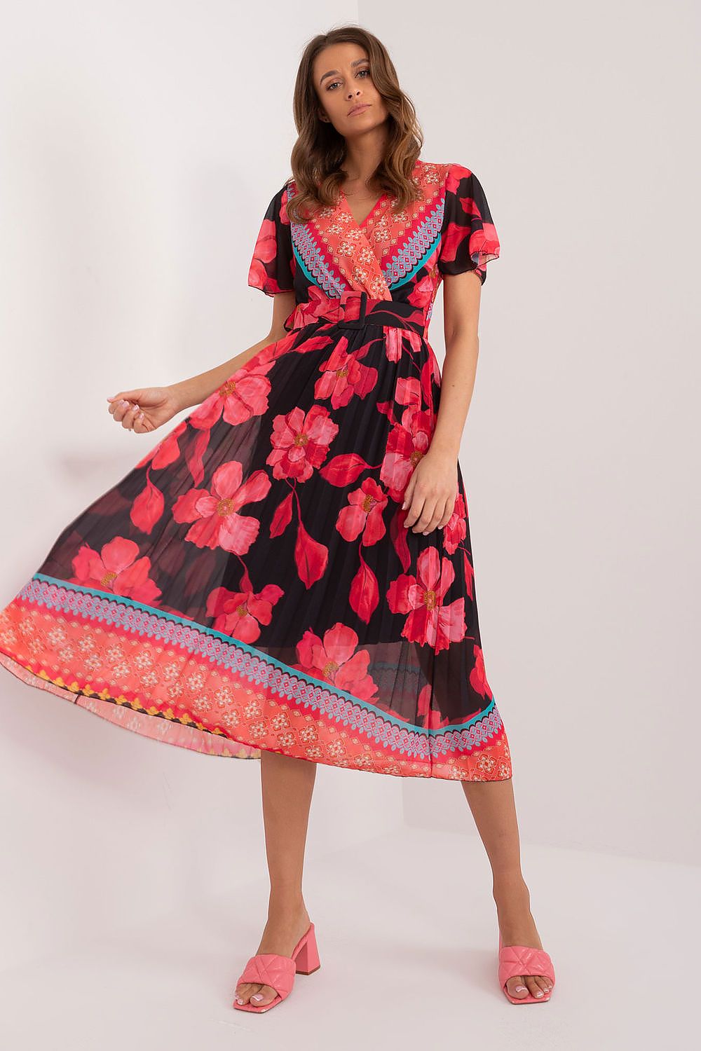 Italy Moda Summer Frilled Daydress Envelope Neckline Pleated Bottom black 2 one-size-fits-all