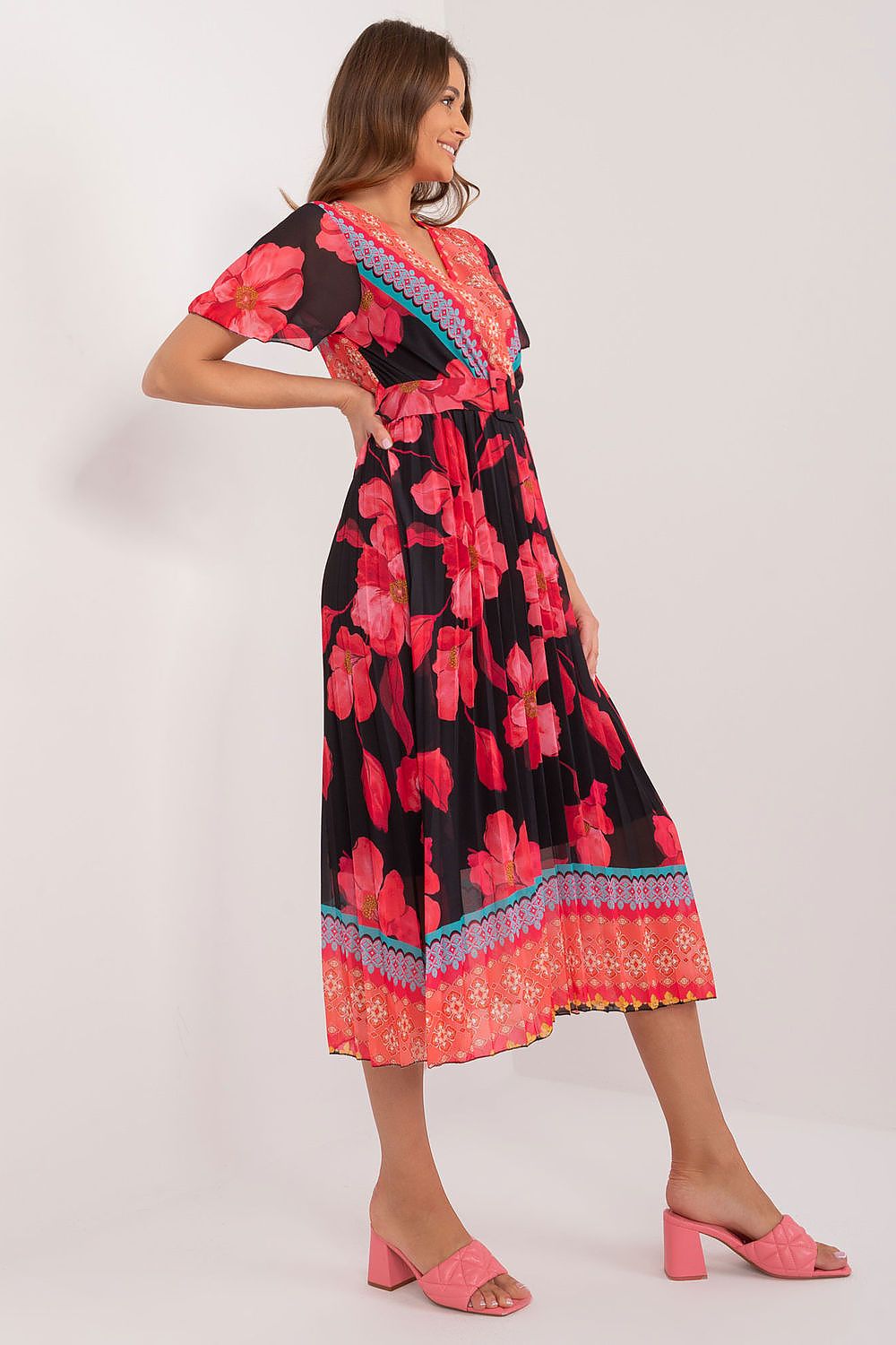Italy Moda Summer Frilled Daydress Envelope Neckline Pleated Bottom