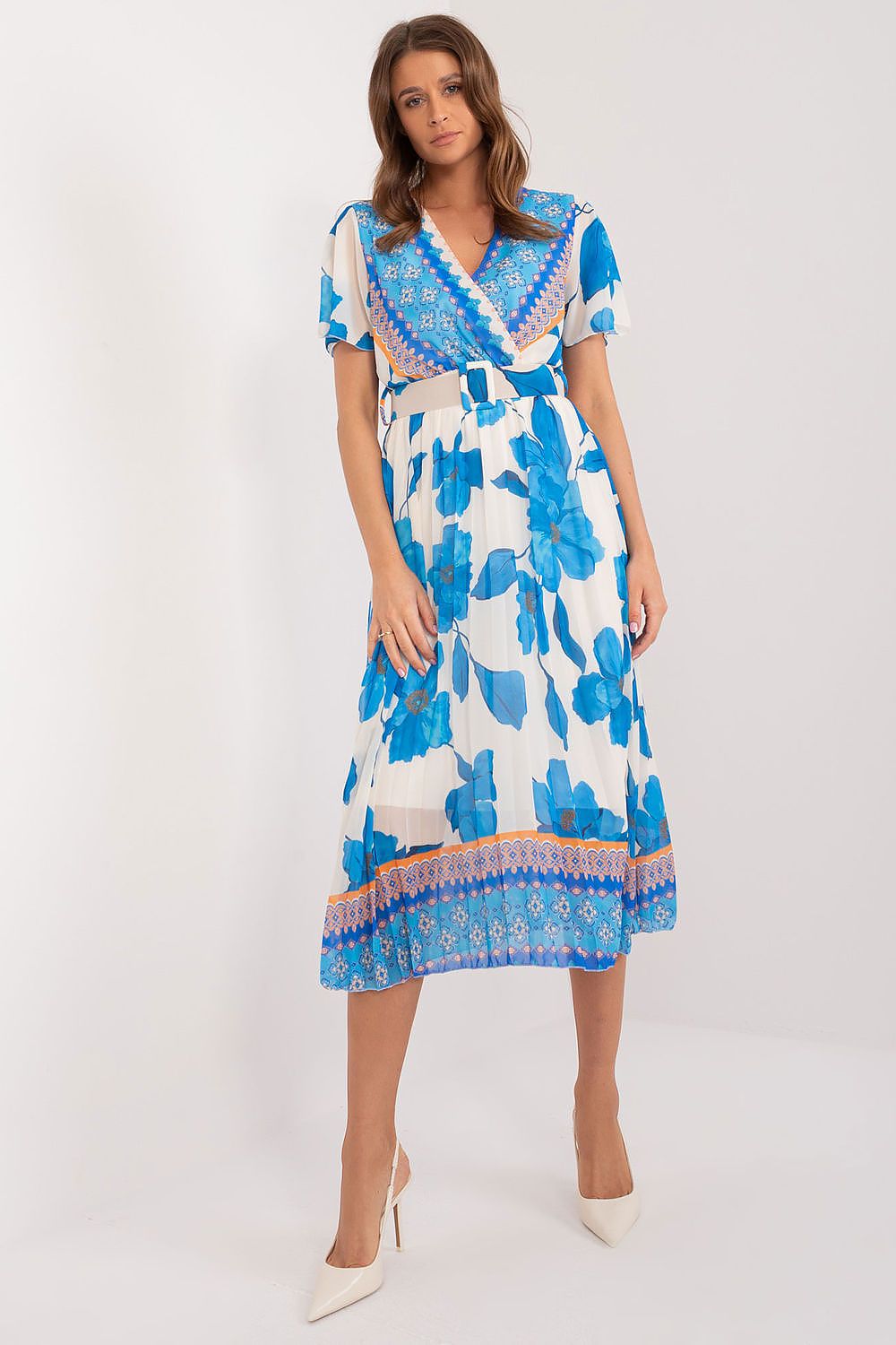 Italy Moda Summer Frilled Daydress Envelope Neckline Pleated Bottom blue one-size-fits-all