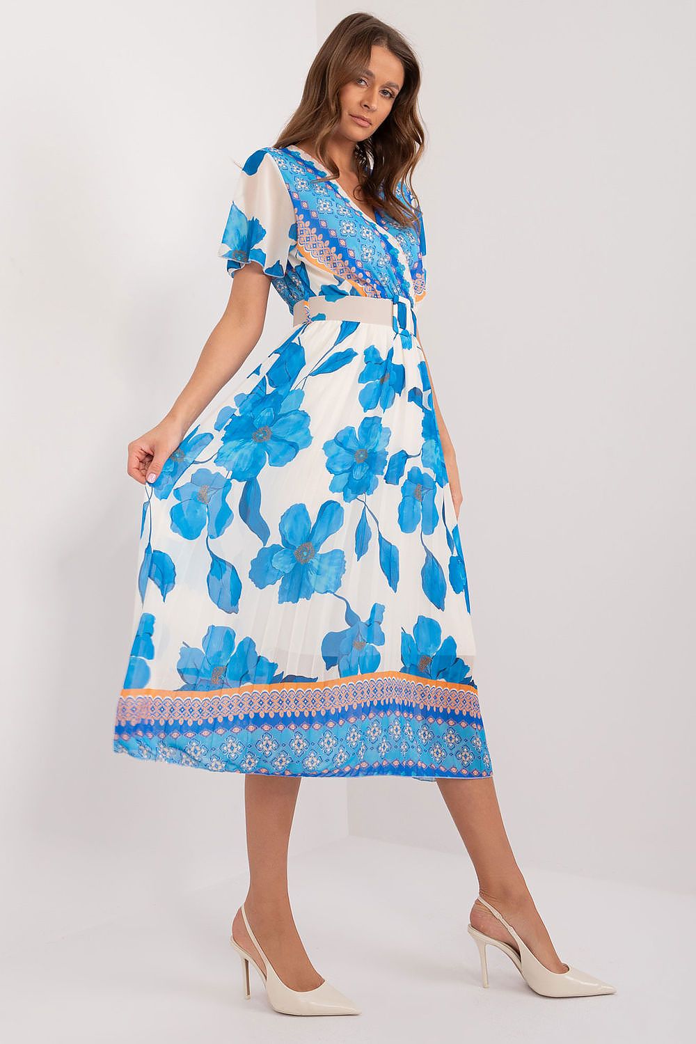 Italy Moda Summer Frilled Daydress Envelope Neckline Pleated Bottom