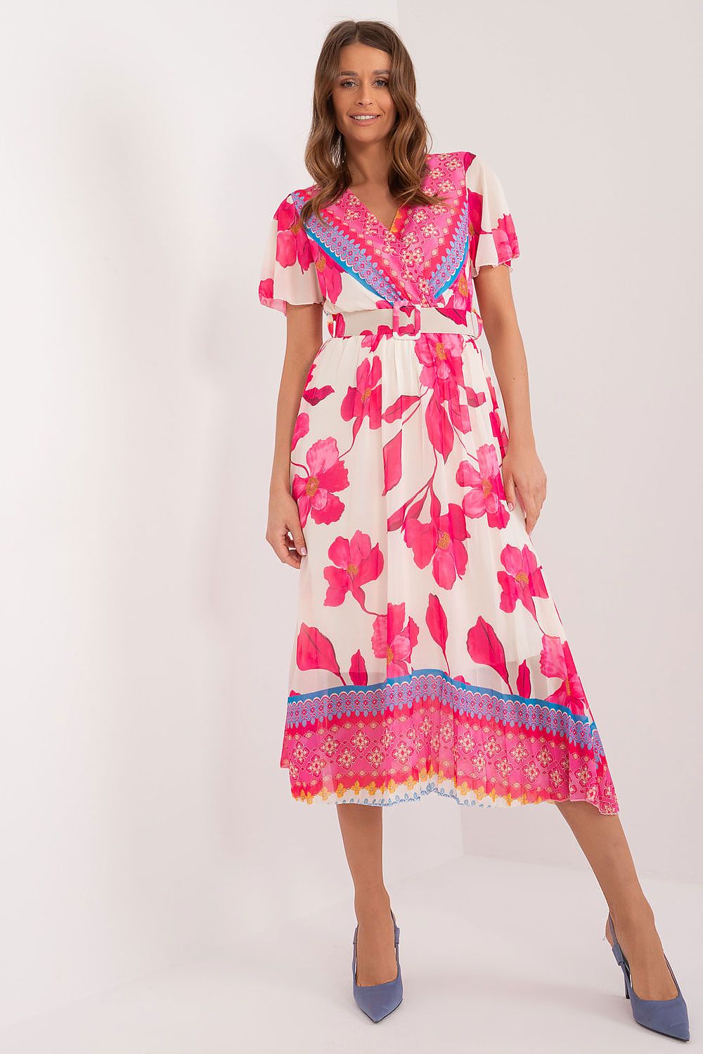 Italy Moda Summer Frilled Daydress Envelope Neckline Pleated Bottom pink 2 one-size-fits-all