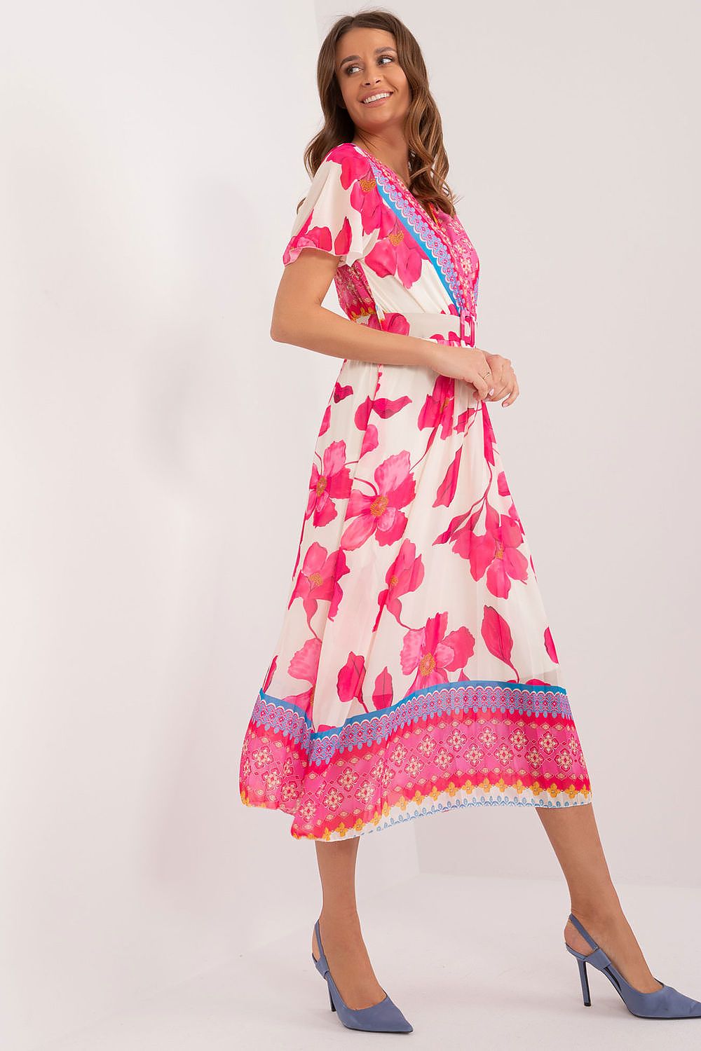 Italy Moda Summer Frilled Daydress Envelope Neckline Pleated Bottom
