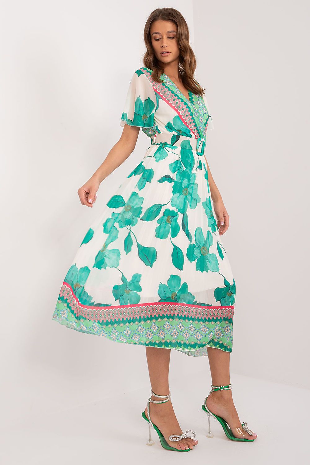 Italy Moda Summer Frilled Daydress Envelope Neckline Pleated Bottom