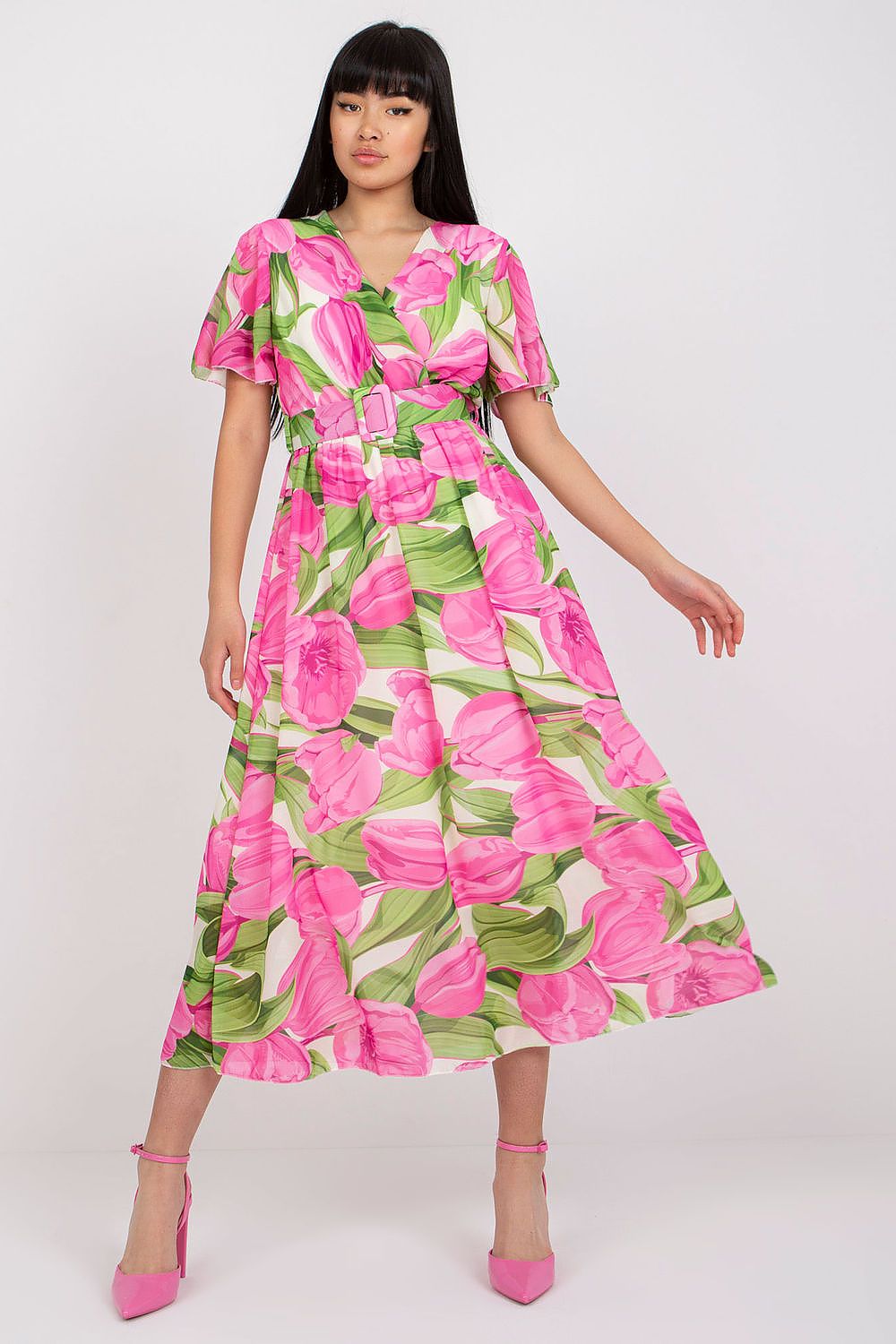 Italy Moda Summer Frilled Daydress with Envelope Neckline pink one-size-fits-all