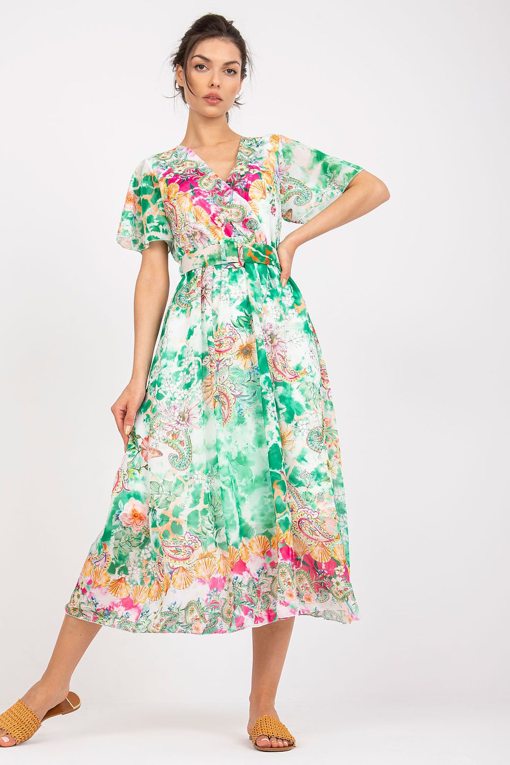 Italy Moda Summer Frilled Daydress with Envelope Neckline green 2 one-size-fits-all
