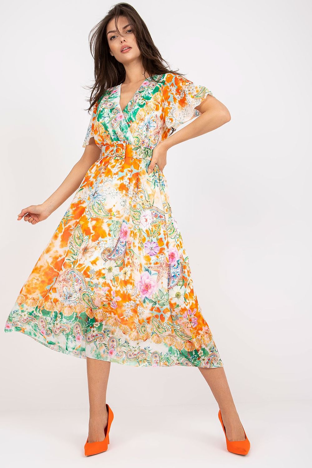 Italy Moda Summer Frilled Daydress with Envelope Neckline orange 2 one-size-fits-all