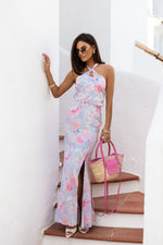 LaBalancia Satin Tied Top and Slit Skirt Co-ord Set multicolor