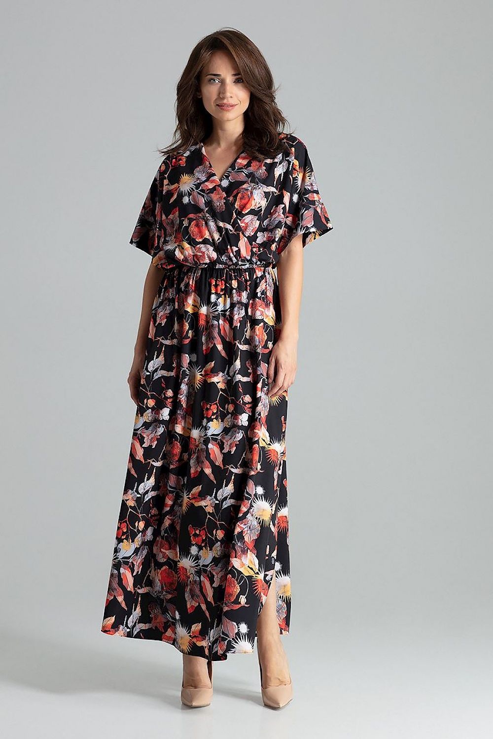 Lenitif Long Kimono-Sleeve Dress with Envelope Neckline black 2