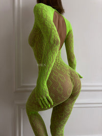 LIBIDO Bright Neon Green Fishnet Full Bodystocking with Integrated Gloves