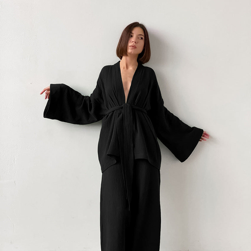 Long Kimono Blazer Tied Top Wide Leg Trouser Top Co-ord Set Black