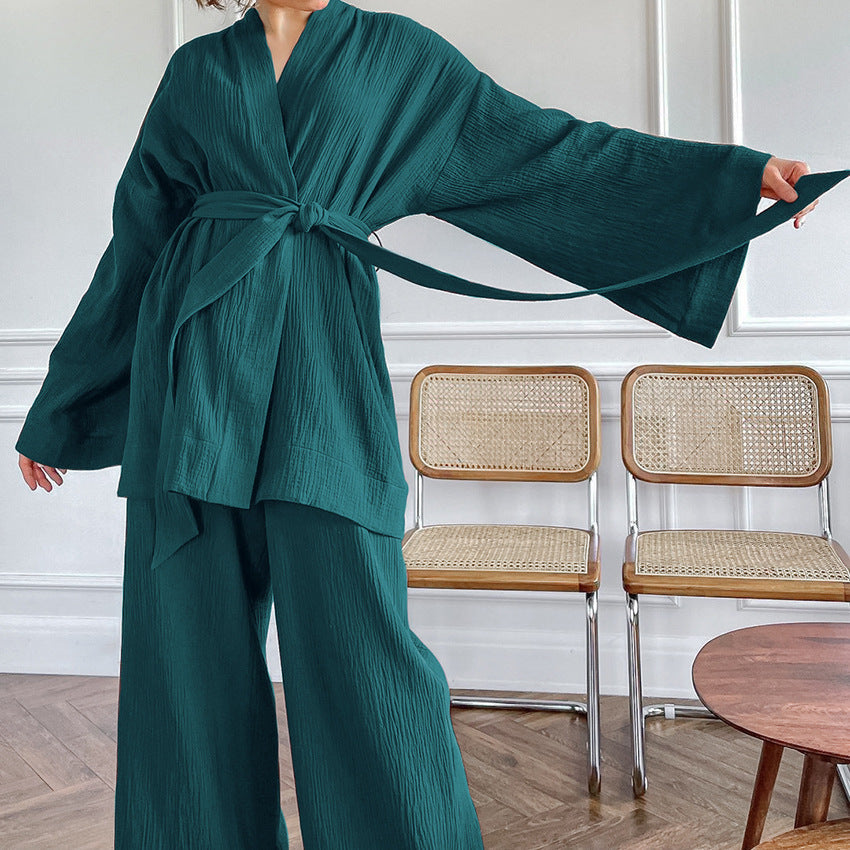 Long Kimono Blazer Tied Top Wide Leg Trouser Top Co-ord Set Cyan