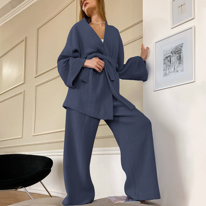 Long Kimono Blazer Tied Top Wide Leg Trouser Top Co-ord Set Dark Grey