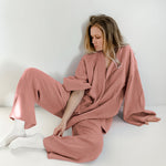 Long Kimono Blazer Tied Top Wide Leg Trouser Top Co-ord Set Light Brown