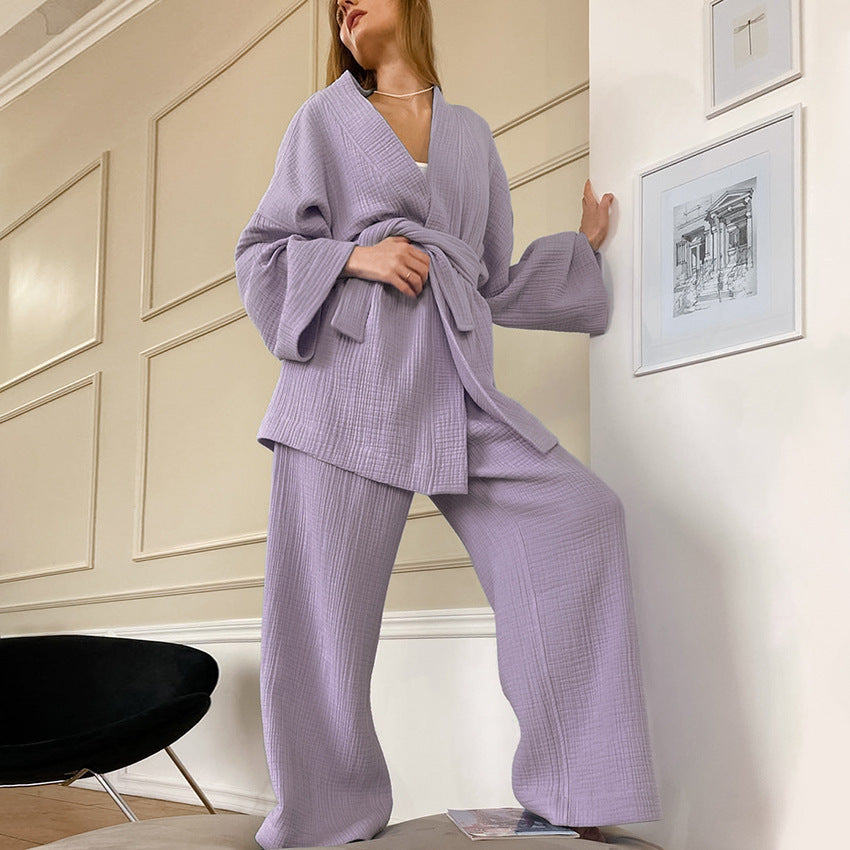 Long Kimono Blazer Tied Top Wide Leg Trouser Top Co-ord Set Purple