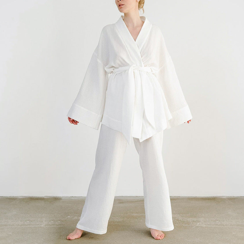 Long Kimono Blazer Tied Top Wide Leg Trouser Top Co-ord Set White