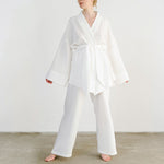 Long Kimono Blazer Tied Top Wide Leg Trouser Top Co-ord Set White