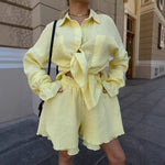 Long Sleeve Ruffled Shirt Double Layer Casual Shorts & Top Co-ord Set