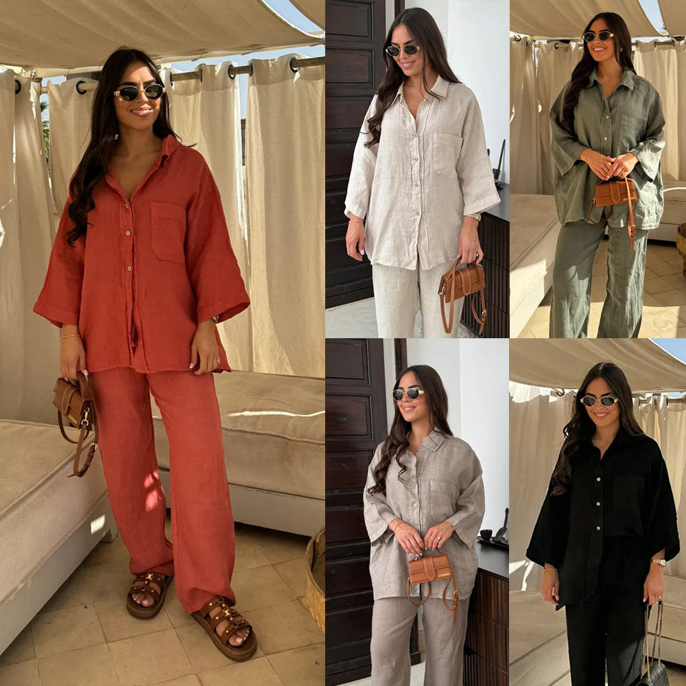Loose Casual Wide Leg Pants & Long Sleeve Shirt Co-ord Set - Stylish Comfort