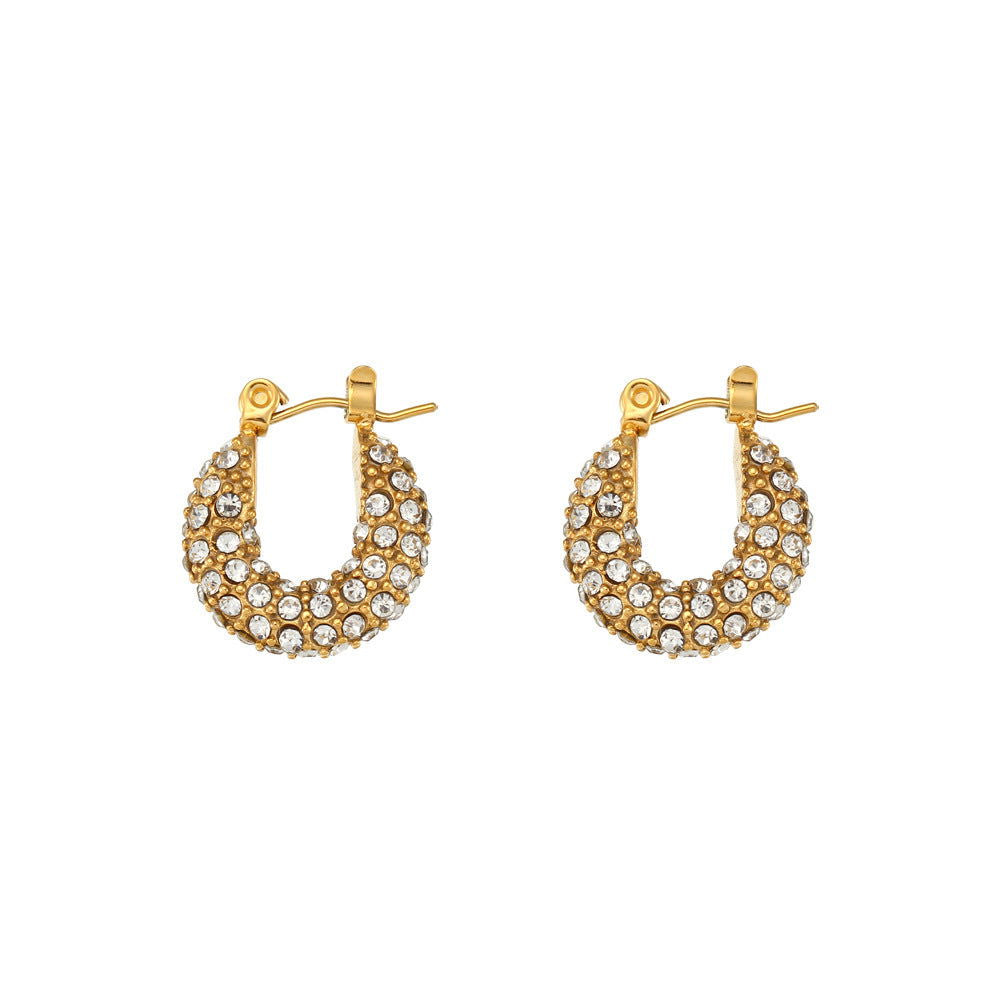 Lucia Stainless Steel 18K Gold U Shape Full Diamond Zircon Earrings 15mm