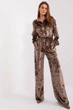 Luxurious Tie Waist Velour Wide Leg Pants Loungewear Set | Lakerta brown S M
