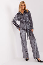Luxurious Tie Waist Velour Wide Leg Pants Loungewear Set | Lakerta grey S M