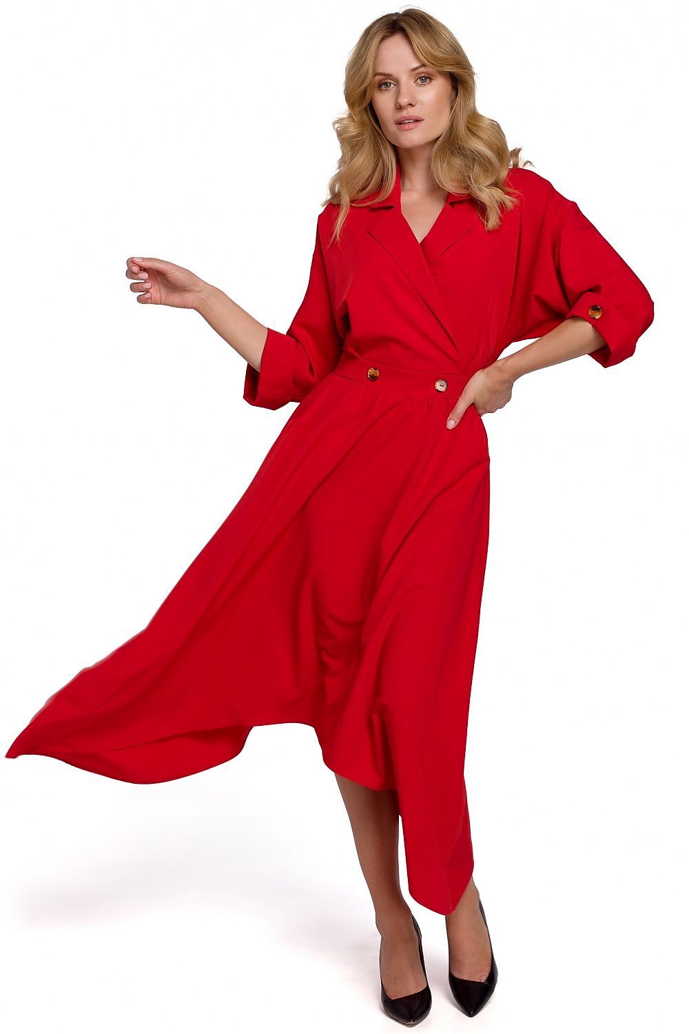 Makover Collared Envelope Day Dress with Asymmetrical Voluminous Bottom red