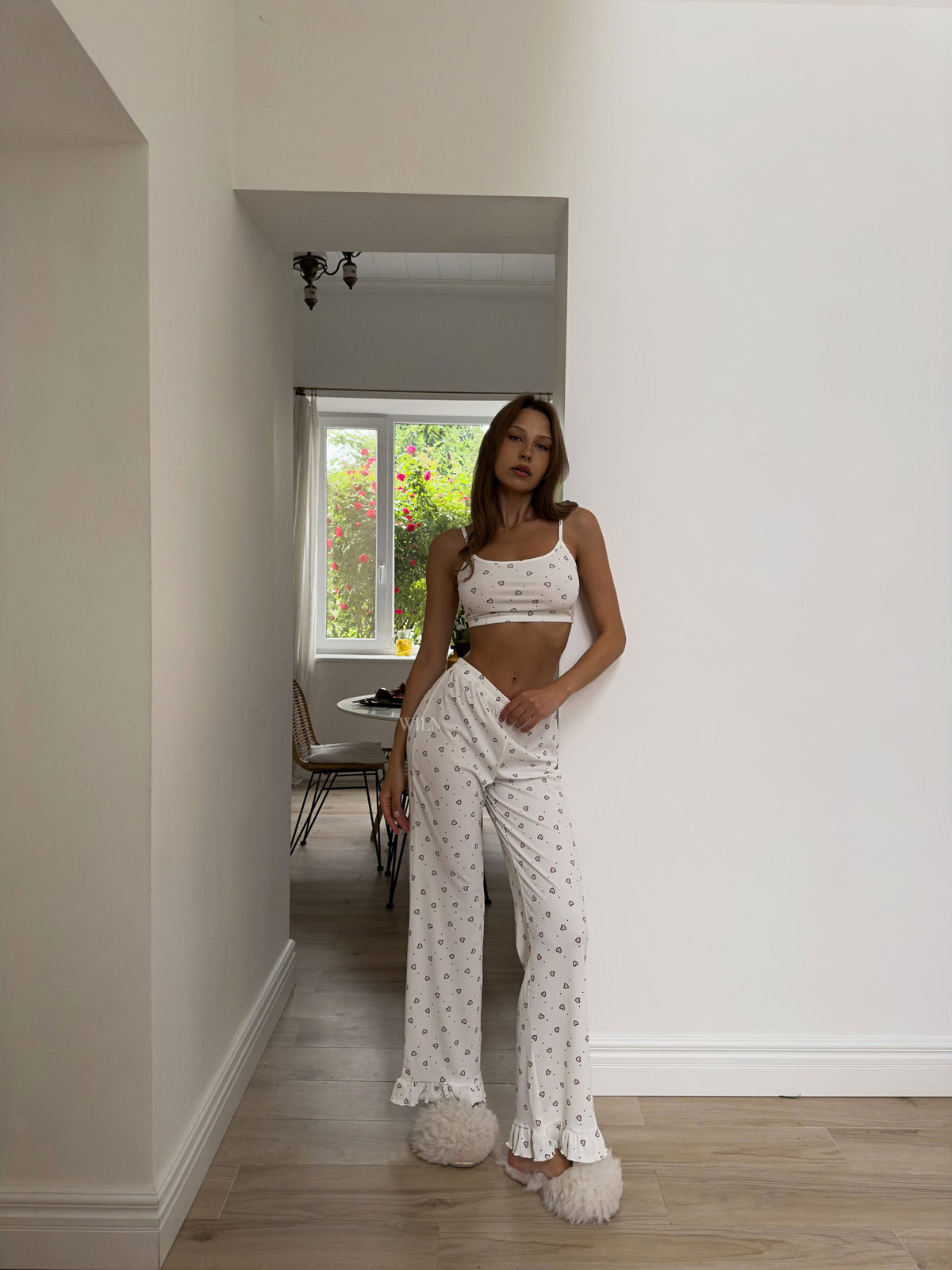 MOMENT Women’s White & Heart Print Tie Waist 3 Piece Loungewear Set