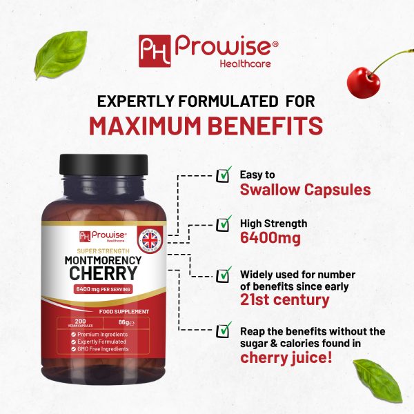 Montmorency Cherry 6400mg | 200 Tart Cherry Capsules | Natural Tart Cherry Extract Supplement for Men & Women – Super Strength, Gluten Free, Vegan and GMO Free – Made in the UK by Prowise