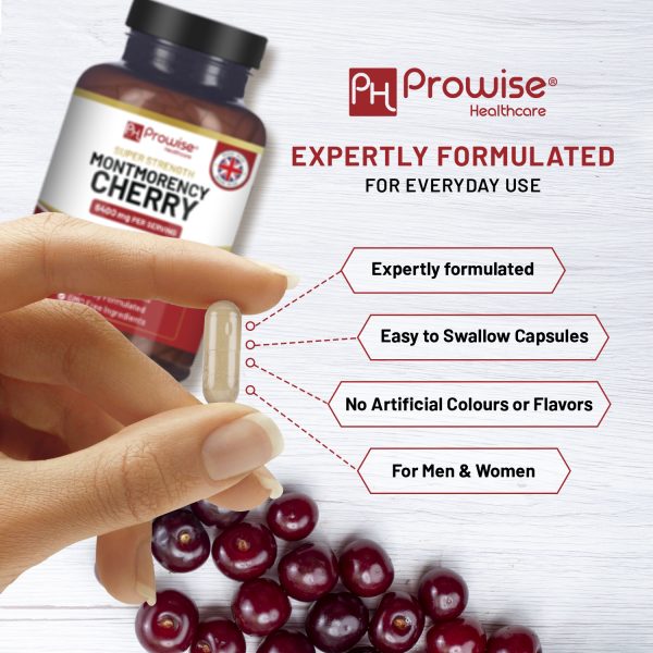 Montmorency Cherry 6400mg | 200 Tart Cherry Capsules | Natural Tart Cherry Extract Supplement for Men & Women – Super Strength, Gluten Free, Vegan and GMO Free – Made in the UK by Prowise