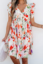 Multicolour Floral Ruffle Sleeve V Neckline Mini Summer Dress