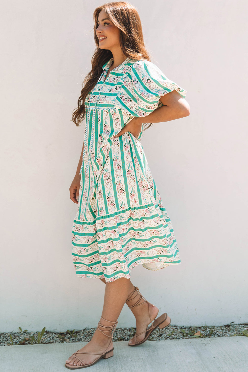 Multicolour Green Striped Floral Print Tie Split Neck Puff Sleeve Midi Dress