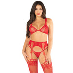 Leg Avenue Red Lace Bra, G-String & Suspender Stocking Set