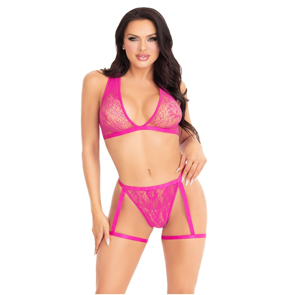 Leg Avenue Pink Lace Bra, Thong & Leg Garter Set