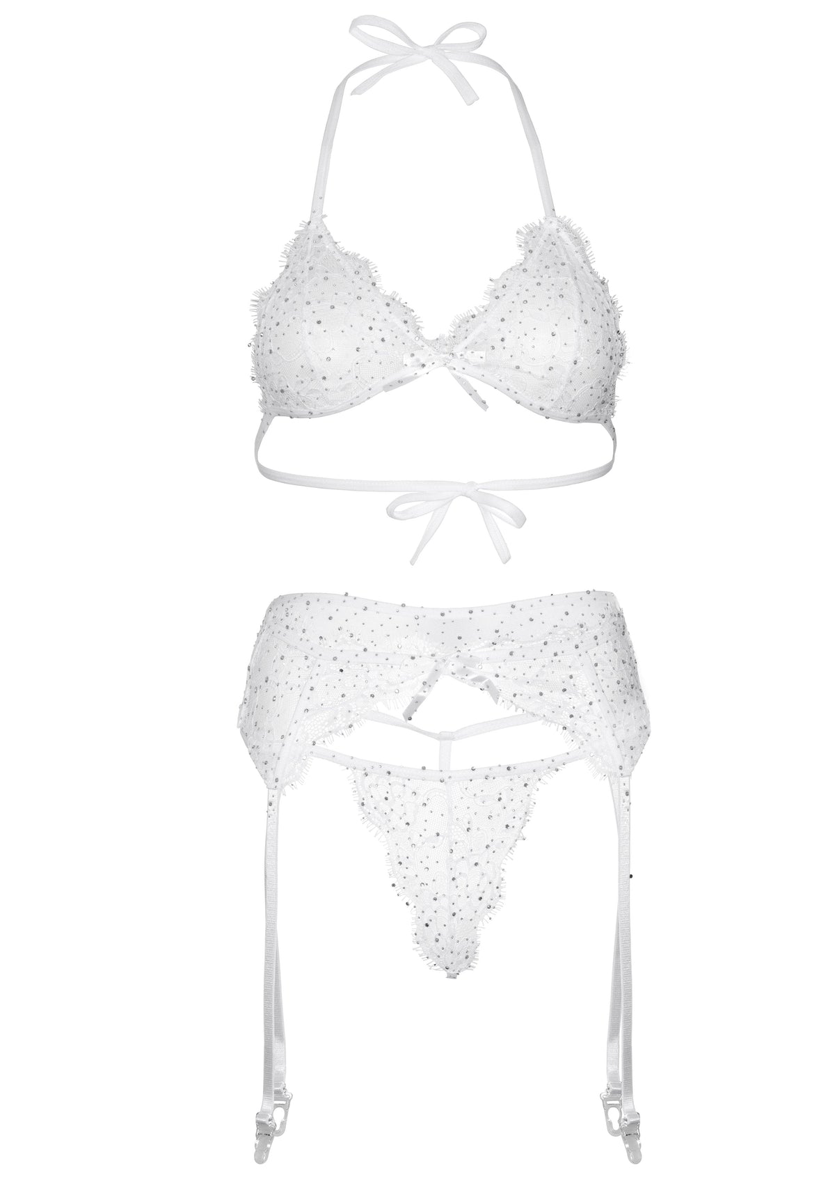 Leg Avenue white eyelash lace bra, G-string and suspender belt set – view 5