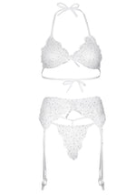 Leg Avenue white eyelash lace bra, G-string and suspender belt set – view 5