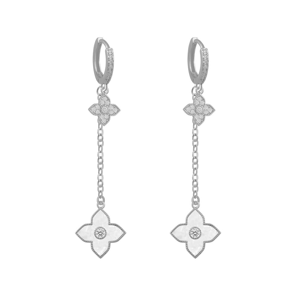 Natalya Clover Shape Long Drop Earrings | 4 Colours Silver White