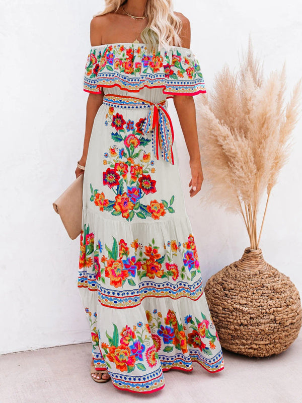 New one-shoulder printed long swing dress White