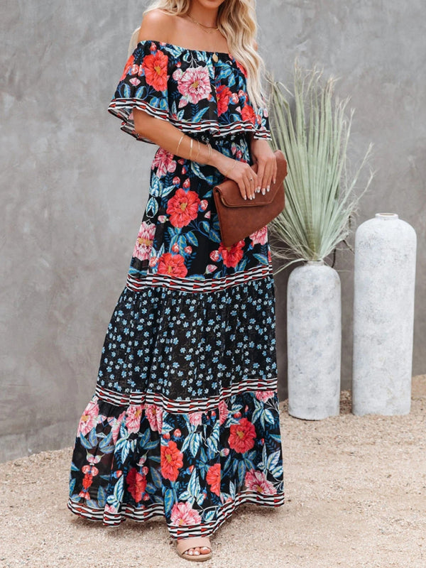 New one-shoulder printed long swing dress Champlain color