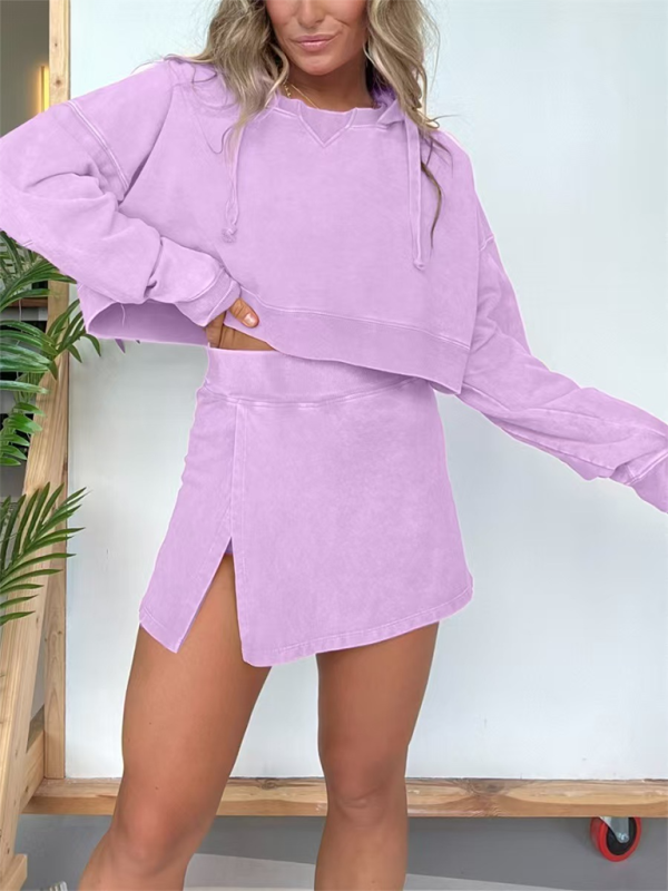 New women's long-sleeved hooded sweatshirt skirt set Purple