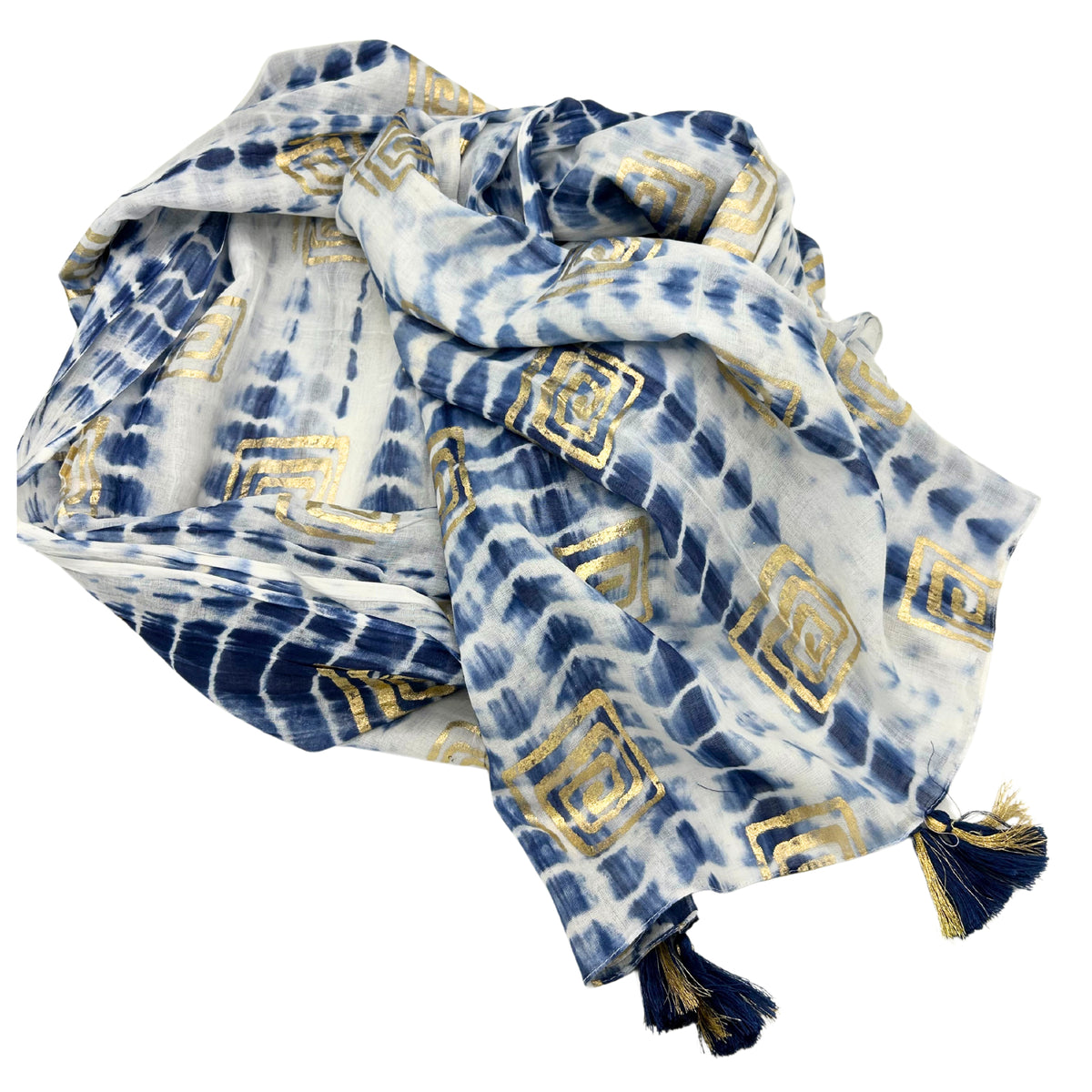 Nomad Sari On the Med Tie Dye Blockprint Sarong - Blue Coastal Artisan Glow