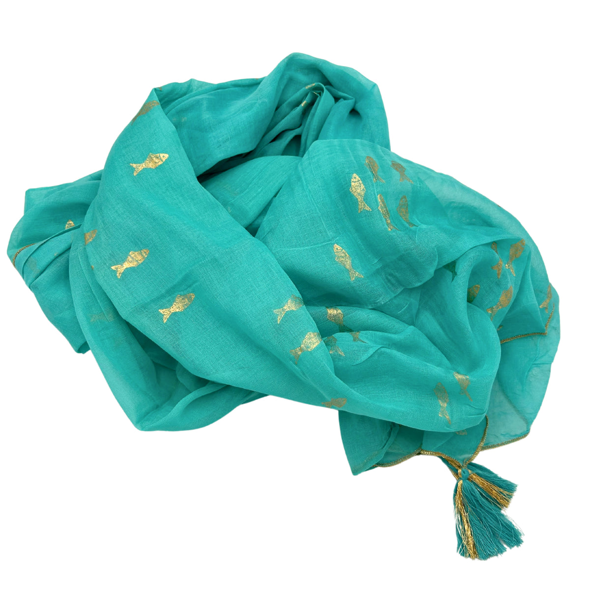 Nomad Sari On the Med Turquoise & Gold Fish Sarong - Hand-Painted Coastal Elegance