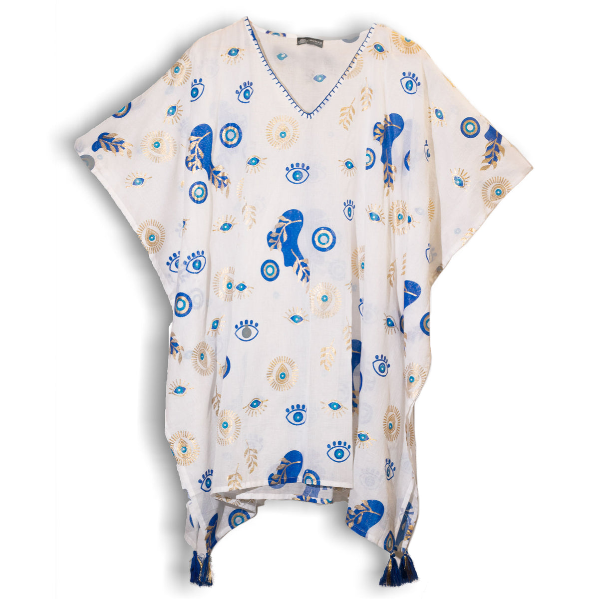 Nomad Sari On the Med White & Blue Evil Eye Kaftan - Hand-Painted Coastal Luxe