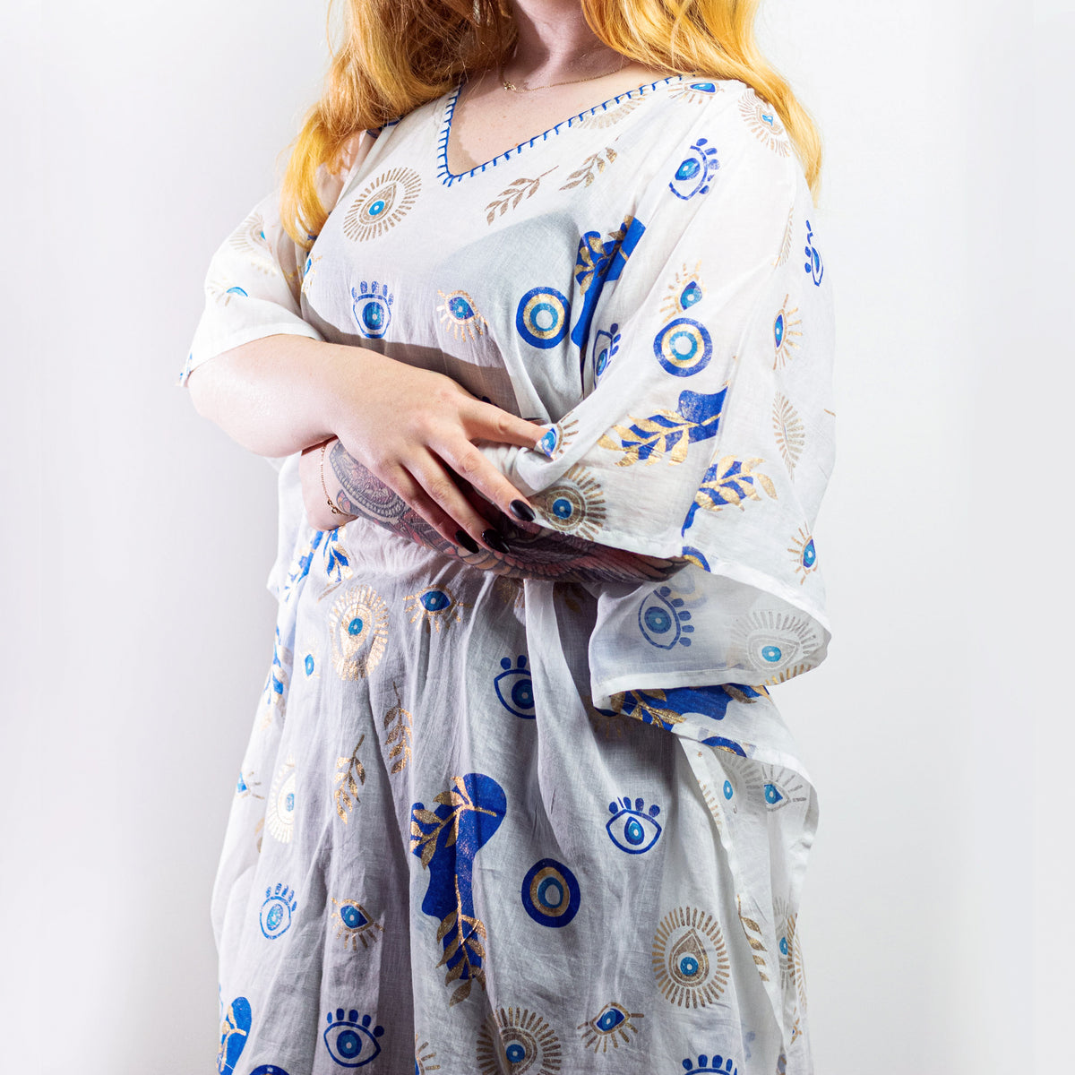 Nomad Sari On the Med White & Blue Evil Eye Kaftan - Hand-Painted Coastal Luxe